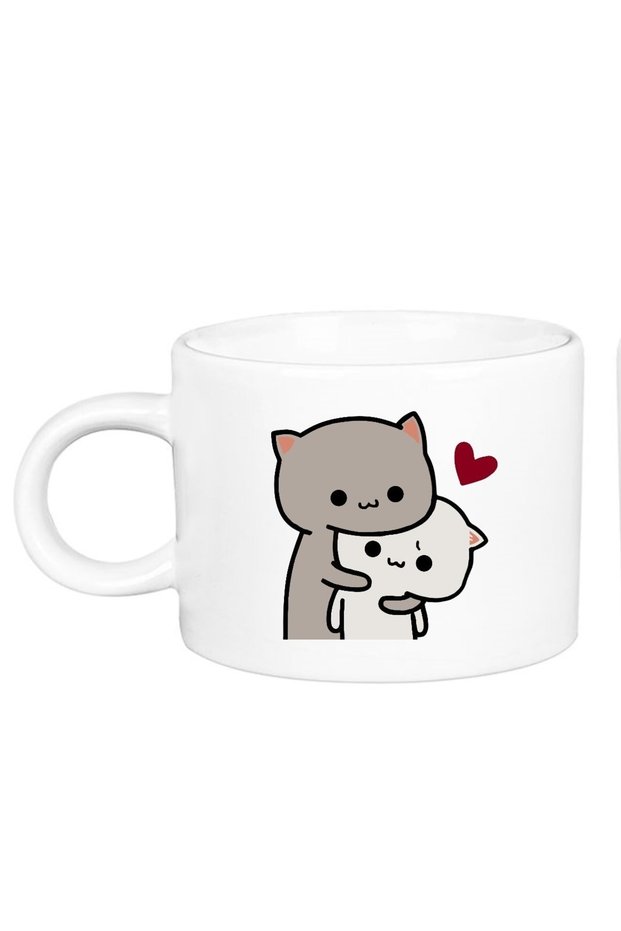 Set of 2 Lovely Double Porcelain Motto Cups with Mochi Cat Love Design