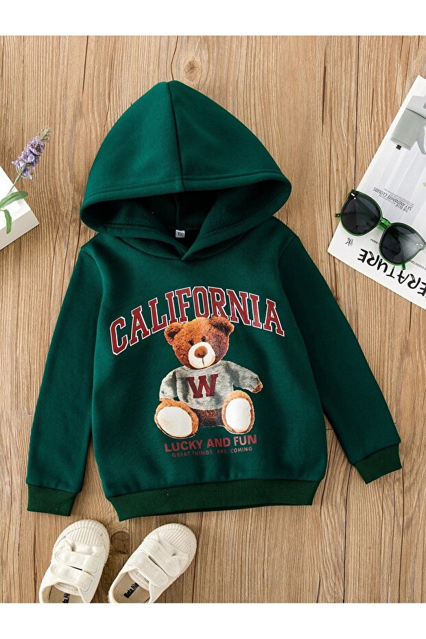 Kids California Teddy Bear Printed Hooded Sweatshirt