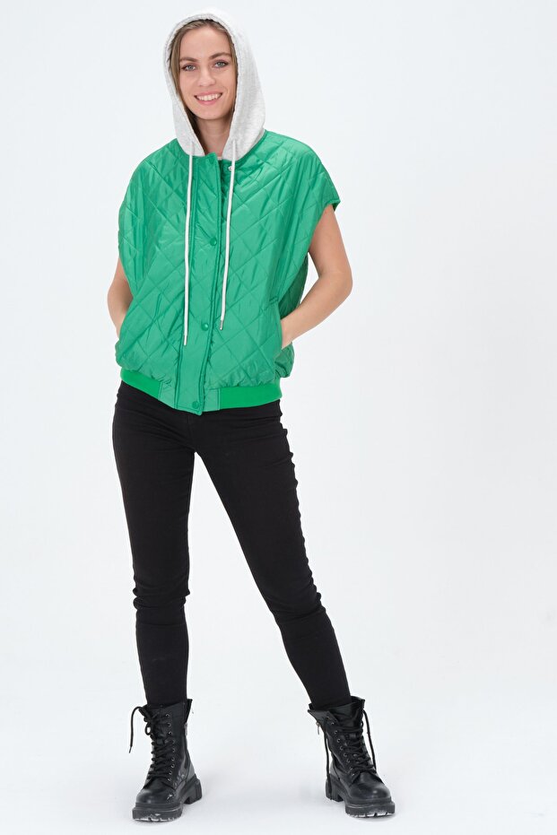 Oversize Kapüşonlu Kapitone Yelek - 3