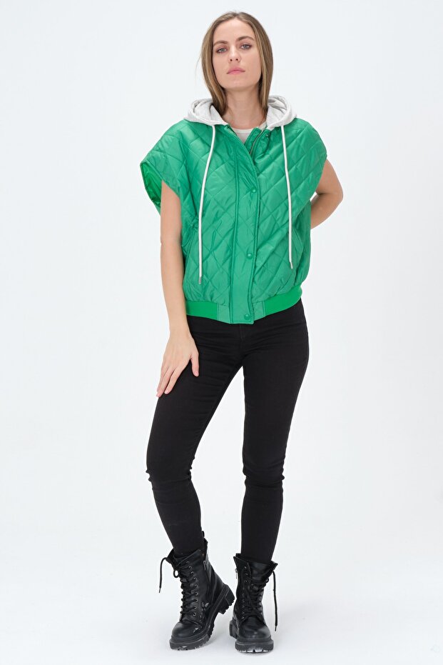 Oversize Kapüşonlu Kapitone Yelek - 4