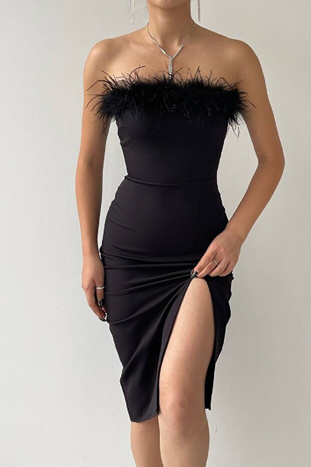 Midi Boy Elbise Yeni Sezon Elbise Yırtmaçlı Basic Elbise Otriş Detay Elbise - 3