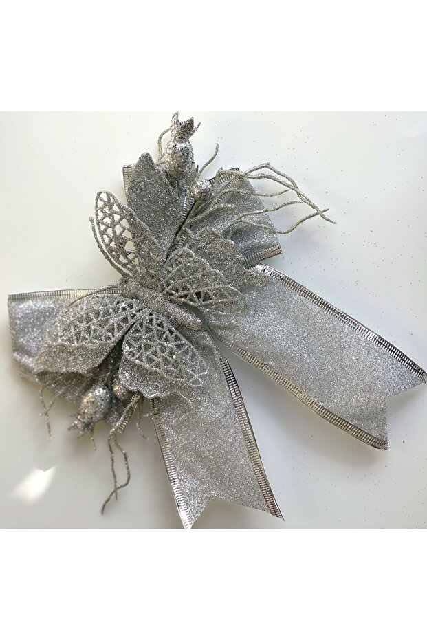 Imported Luxury Large New Year Christmas Pine Tree Butterfly Flower Ornament Silver Glitter Decorative Flower Bow