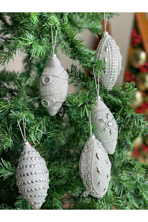Imported Luxury Collectible New Year New Year Authentic Glitter Embroidered 2-Piece Pine Tree Ornament Silver Drop