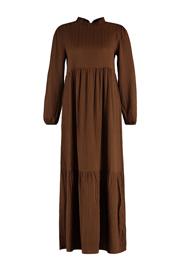 Hnědé tkané šaty s límečkem a stojáčkem TCTSS22EB00171 - 7