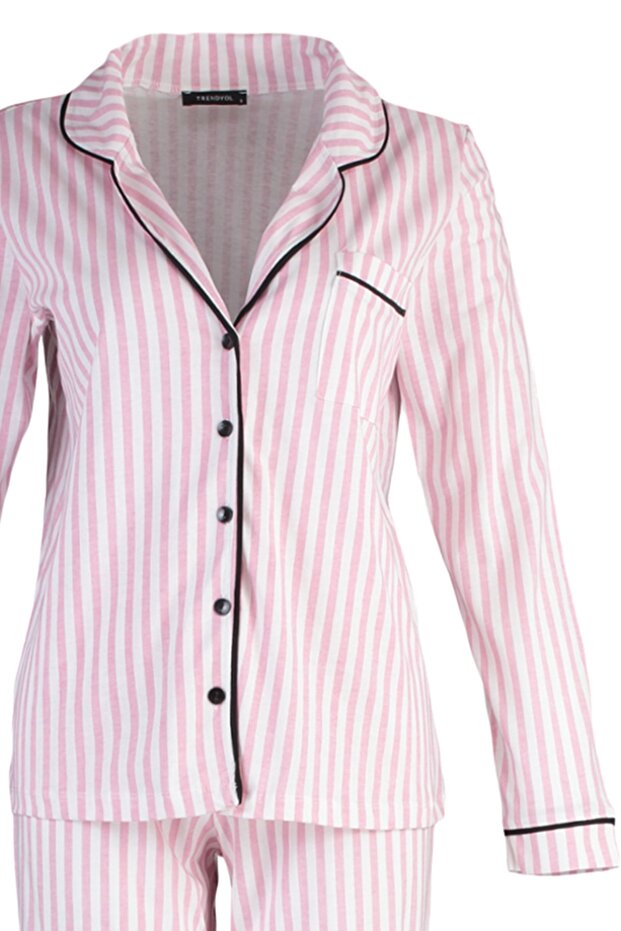 Pudra %100 Pamuklu Çizgili Biye Detaylı Örme Pijama Takımı THMAW21PT0614 - 9