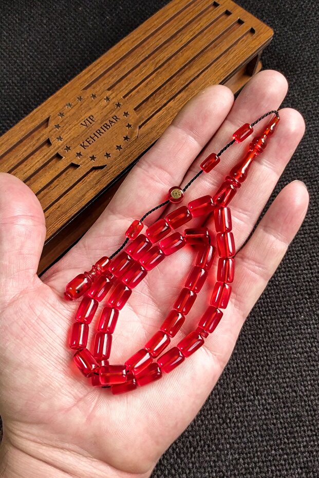 Signed 7x11 Mm Red Fire Amber Prayer Beads Master Worked Dice Amber Gift Prayer Beads with Wooden Box