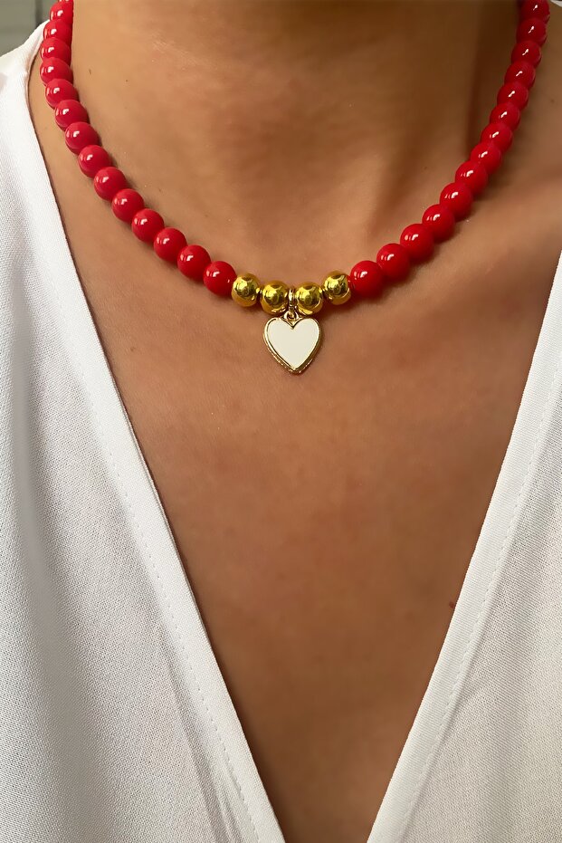 Heart Pendant Red Glass Bead Necklace