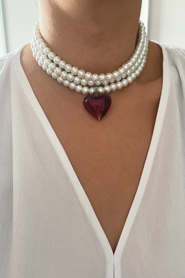 Kalp Uçlu Üç Sıralı Inci Kolye - 1