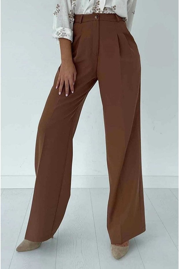 Women's Pleated Brown High Waist Palazzo Pants