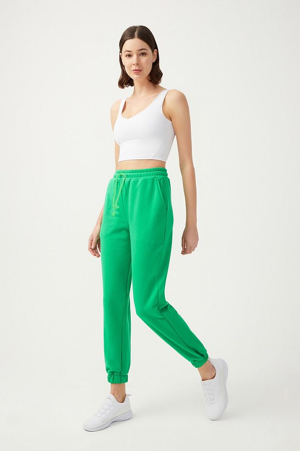 Kadın Yeşil Paçası Lastikli Jogger Eşofman Altı Drawstring - 7
