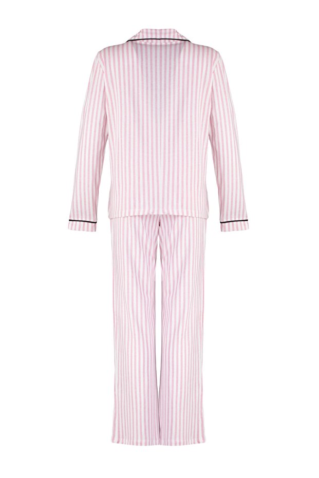 Pudra %100 Pamuklu Çizgili Biye Detaylı Örme Pijama Takımı THMAW21PT0614 - 10