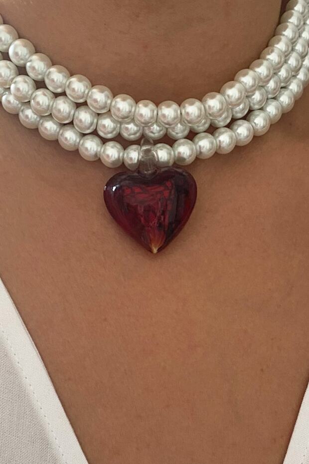 Kalp Uçlu Üç Sıralı Inci Kolye - 2