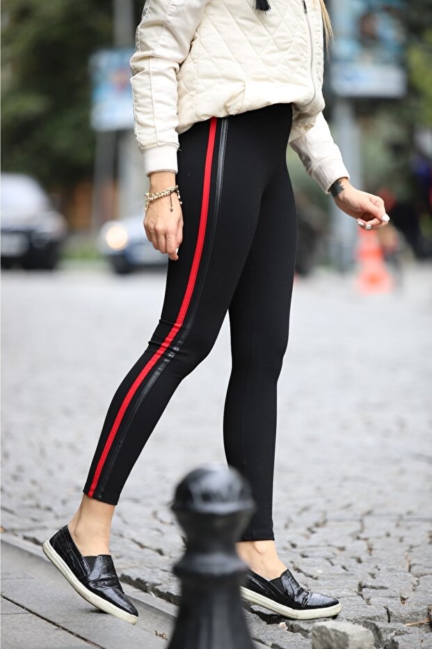 Black, Red Side and Leather Piping High Waist Tights
