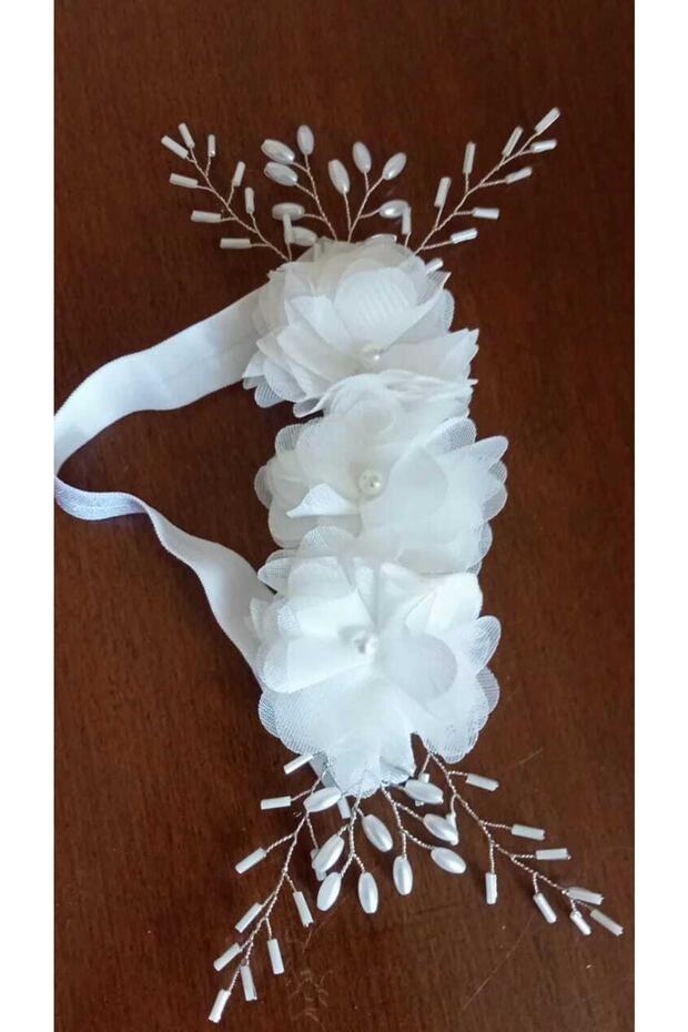 Girl's Handmade White Flower and Pearl Bead Detailed Elastic Hair Band Standard for All Age Groups