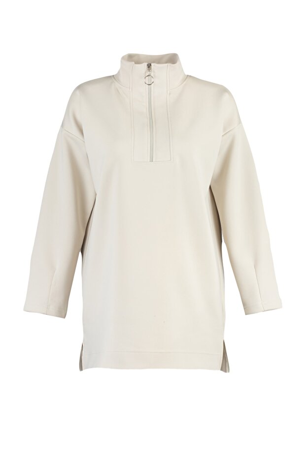 Taş Oversize Fermuar Detaylı Dalgıç/Scuba Örme Sweatshirt TCTAW23TW00198 - 6