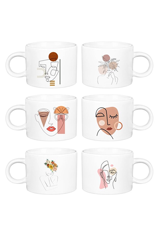 كوب شعار بورسلين خطي أبيض مكون من 6 قطع