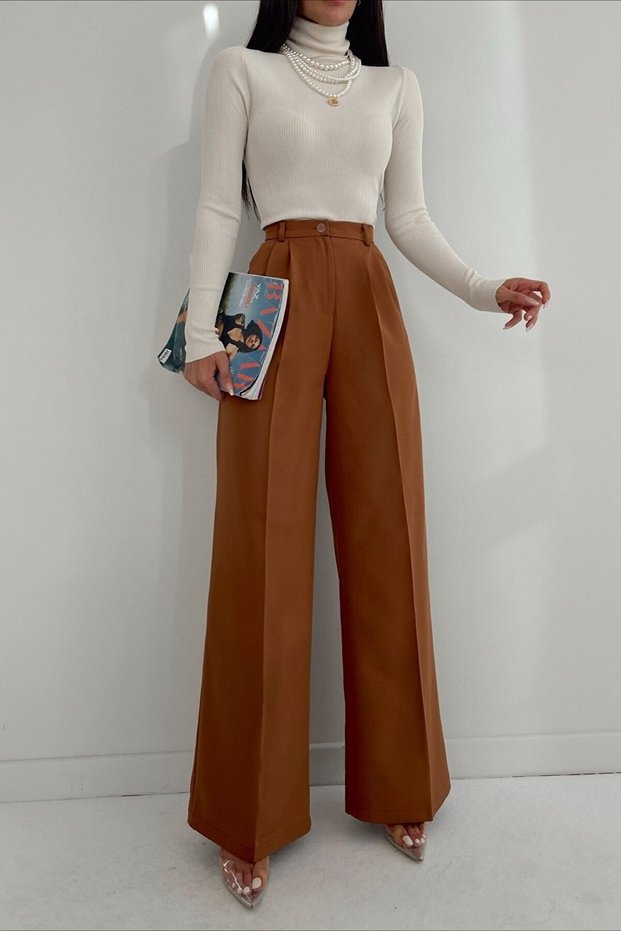 Daisy Gold Brown Pleated Women's Loose Fabric 90's Super High Loose Leg Palazzo Trousers