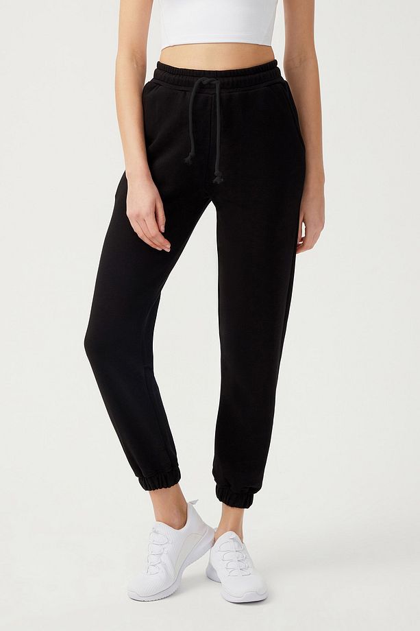 Kadın Siyah Paçası Lastikli Jogger Eşofman Altı Drawstring - 1