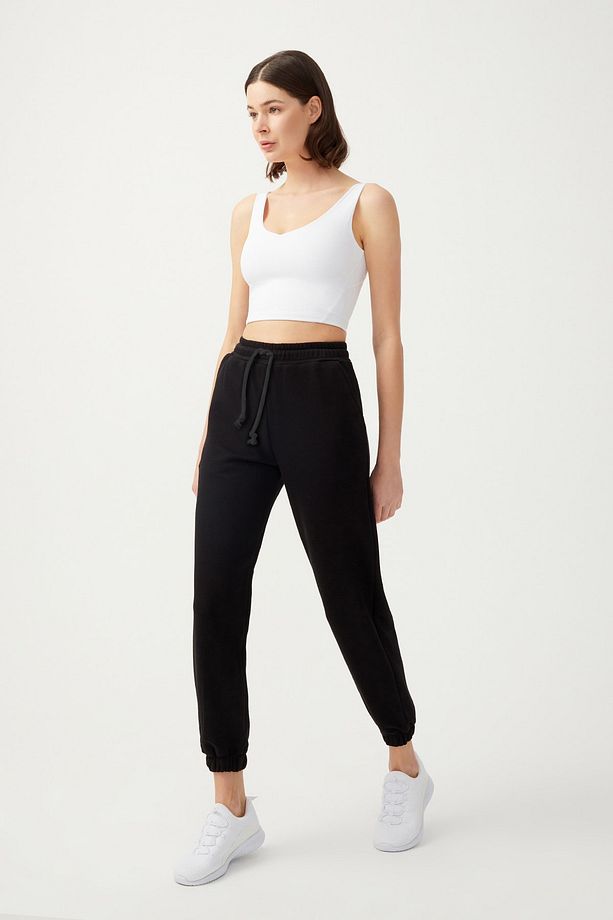 Kadın Siyah Paçası Lastikli Jogger Eşofman Altı Drawstring - 2