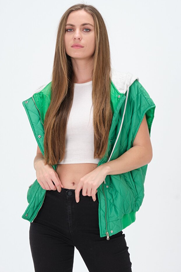 Oversize Kapüşonlu Kapitone Yelek - 2