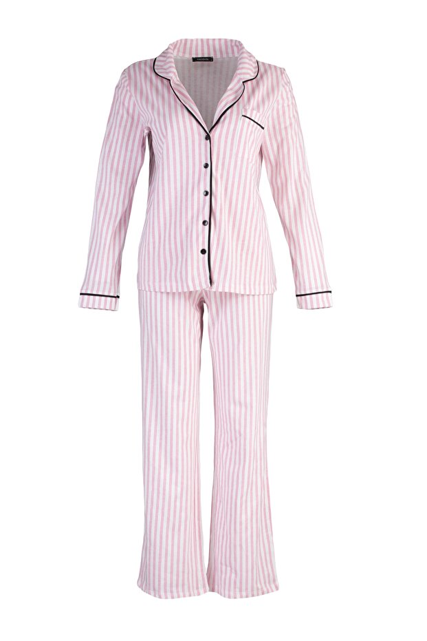 Pudra %100 Pamuklu Çizgili Biye Detaylı Örme Pijama Takımı THMAW21PT0614 - 8