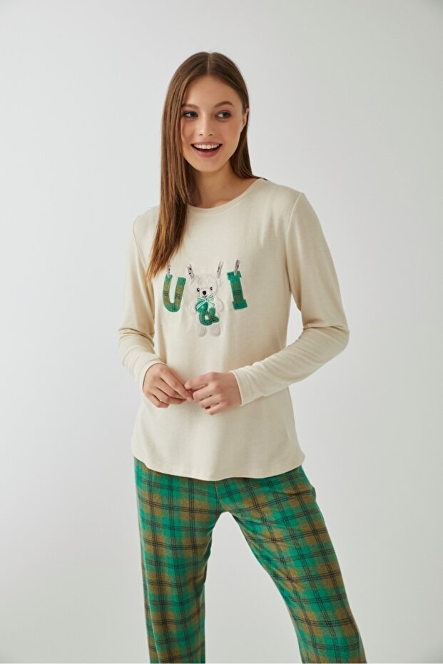 Ekru Renk Aplikeli Yeşil Ekose Pijama Takımı - 1
