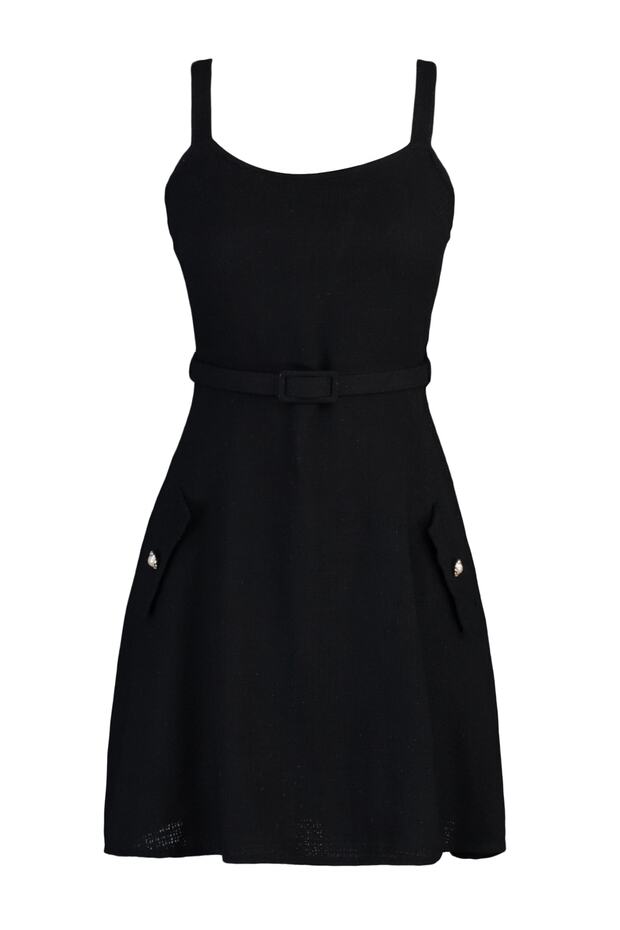 Czarna mini tkana sukienka z paskiem i kieszeniami TWOAW23EL00526 - 6