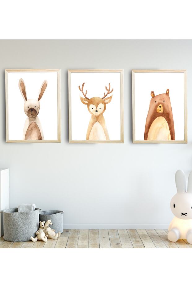 Bebek Çocuk Odası Tablo Tavşan Ayı Geyik 3'lü Naturel Renk Doğal Ahşap Çerçeveli Set 21x30 Cm - 1
