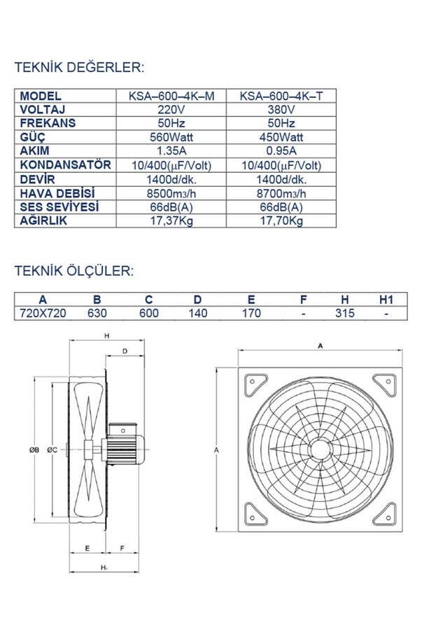 60 Cm Kare Sanayi Tipi Aspiratör 220 Volt Monofaze - 2