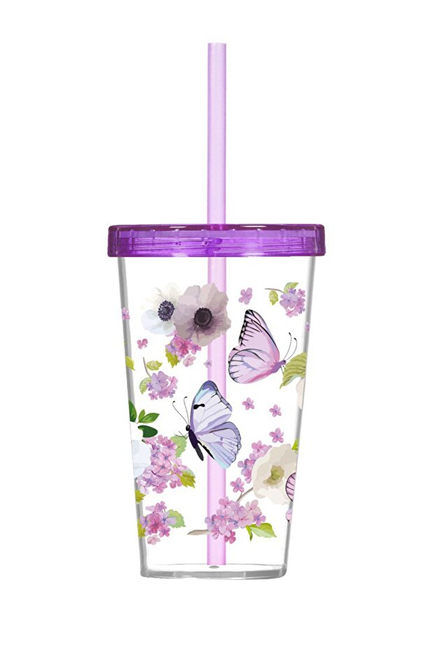 660 cc Patterned Glass with Straw and Butterflies