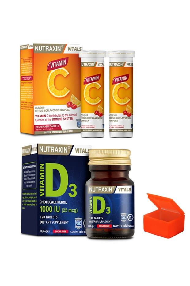D3 Vitamin 120 Tablet Vitamin C 28 Çiğneme Tableti Hap Kutusu - 1