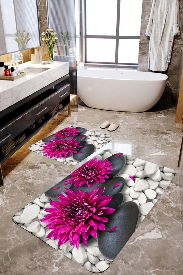3-D Flower and Stone 2-Piece Bath Mat Set Mktbp-016 60x100/50x60