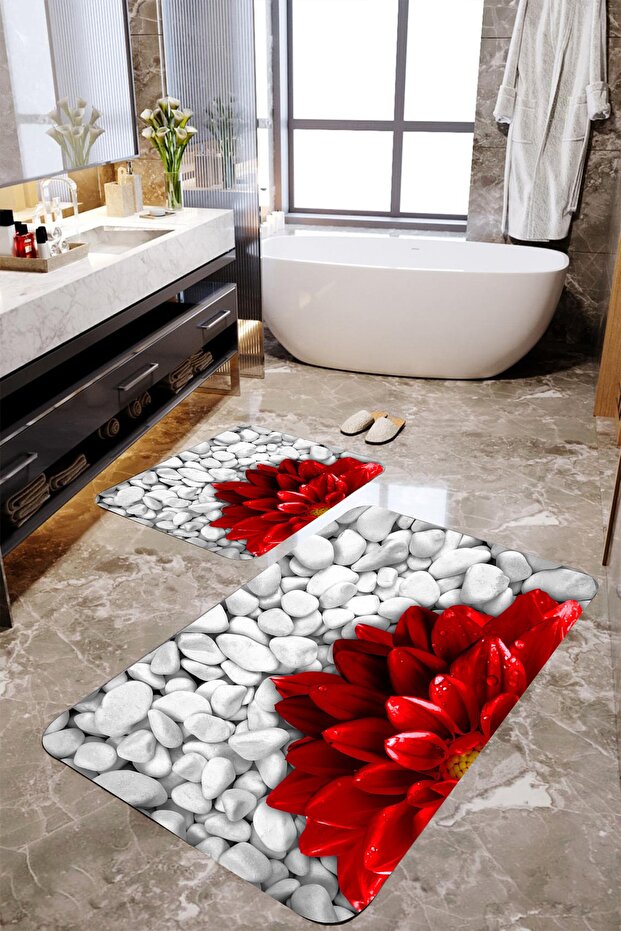 3D Red Floral 2-Piece Bath Mat Set Mktbp-015 60x100/50x60
