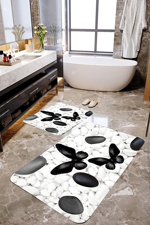 Black Butterfly and Stone 2-Piece Bath Mat Set Mktbp-058 60x100/50x60