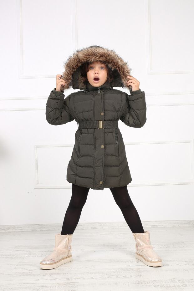 Girl's Khaki Plush Puffer Coat with Removable Belt
