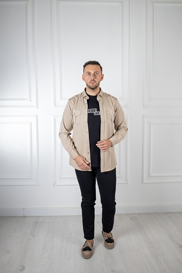 Interview Çift Cepli Slim Fit Bej Gömlek - 1