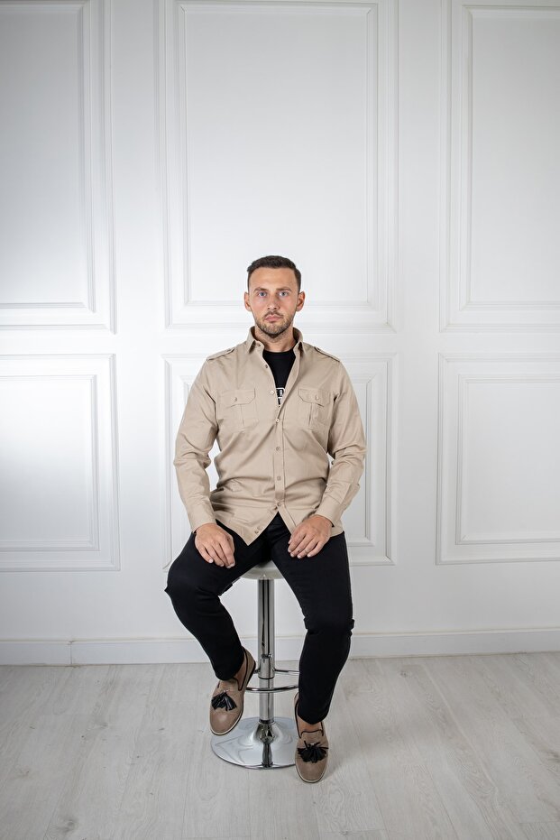 Interview Çift Cepli Slim Fit Bej Gömlek - 4