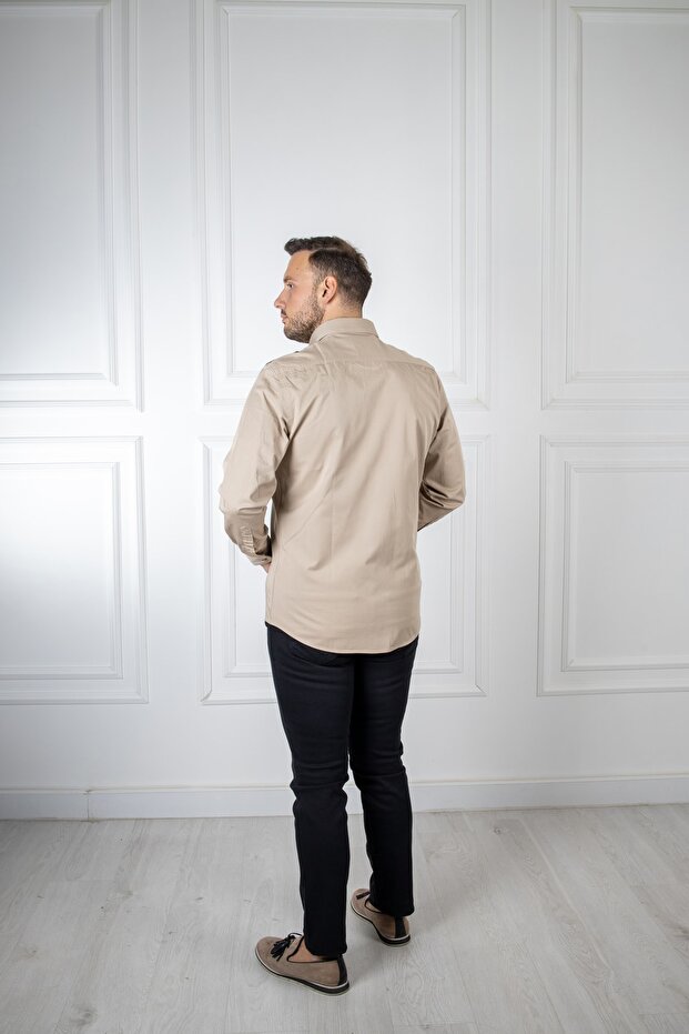 Interview Çift Cepli Slim Fit Bej Gömlek - 5