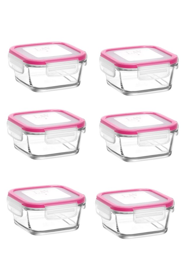 Feyzade Fresco Set of 6 Glass Storage Containers with Lock - Pink Frs227 (375Cc)