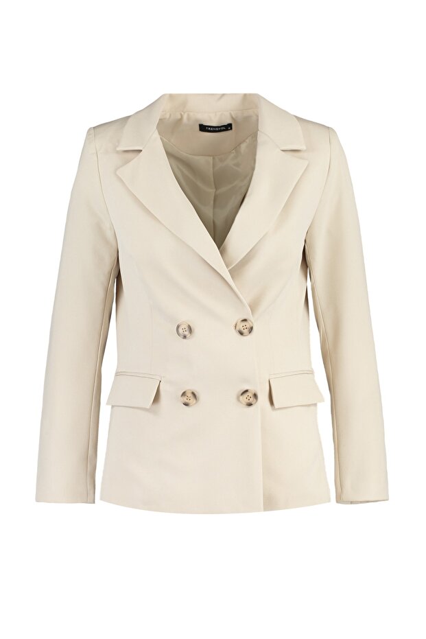 Bej Regular Astarlı Kruvaze Kapama Dokuma Blazer Ceket TWOSS21CE0107 - 14
