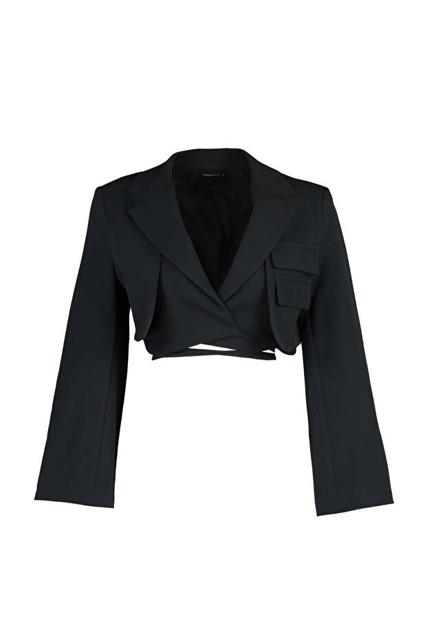 Siyah Crop Astarlı Kruvaze Kapama Dokuma Blazer Ceket TWOAW23BC00076 - 3
