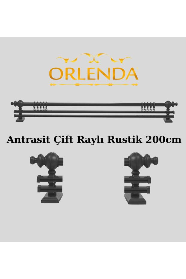 Antrasit Ahşap Başlıklı Alminyum Boru Rustik Perde Askısı Çift Raylı 200 Cm - 1