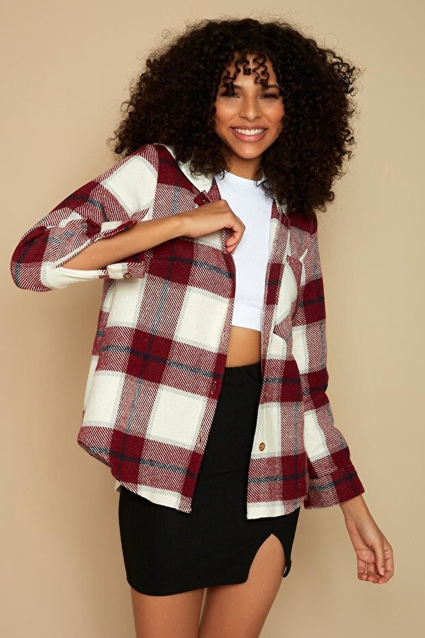 Kadın Kırmızı Kapüşonlu Oduncu Gömlek - 1