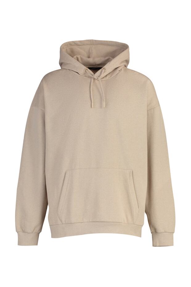 Bej Oversize/Geniş Kesim Kapüşonlu İçi Polar/Sıcak Tutan Sweatshirt TMNAW23SW00195 - 6