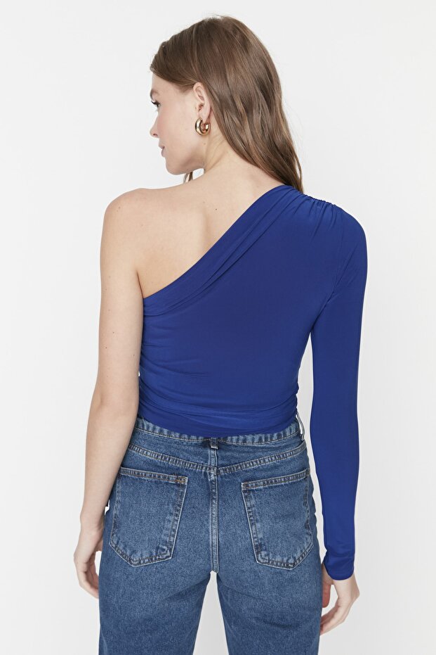 Saks Fitted/Vücuda Oturan Bağlama Detaylı Tek Kol Crop Esnek Örme Bluz TWOAW23BZ00094 - 7