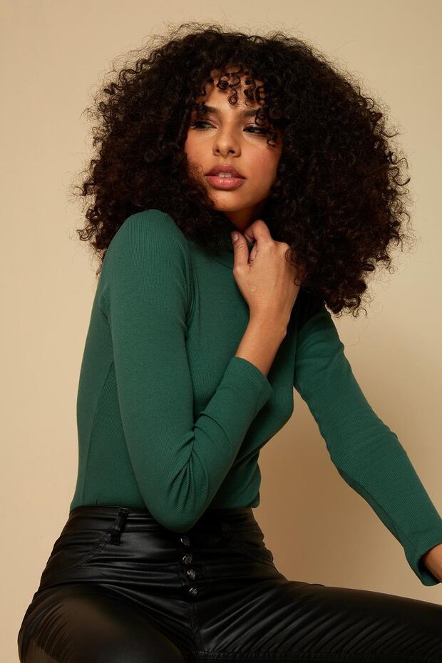 Kadın Yeşil Balıkçı Yaka Fitilli Örme Bluz - 5