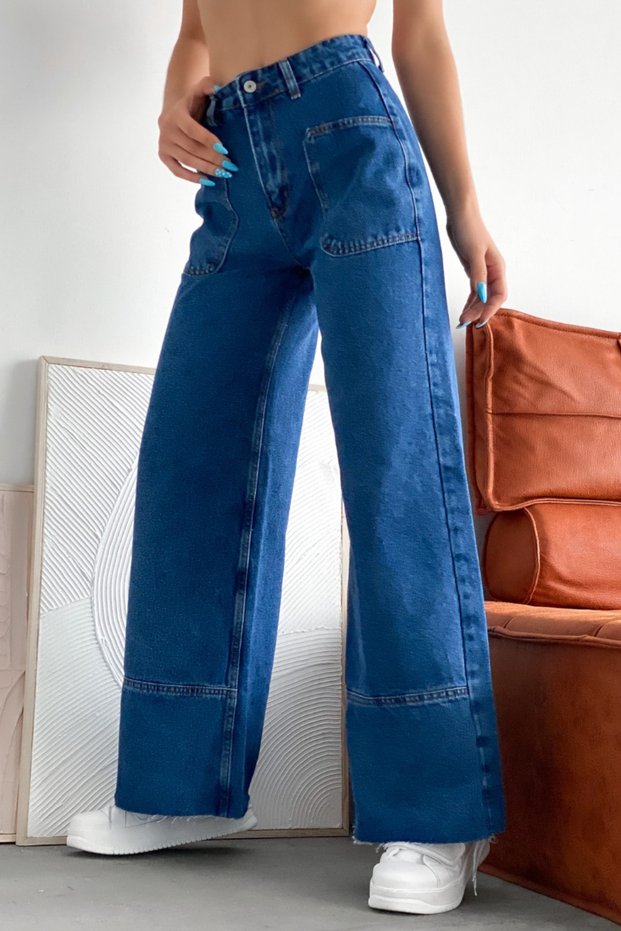 Women's Dark Blue Wide Leg High Waist Cargo Pocket Straight Fit Palazzo Denim Pants Jeans