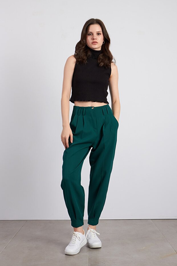 Green Darted Leg Elastic Trousers