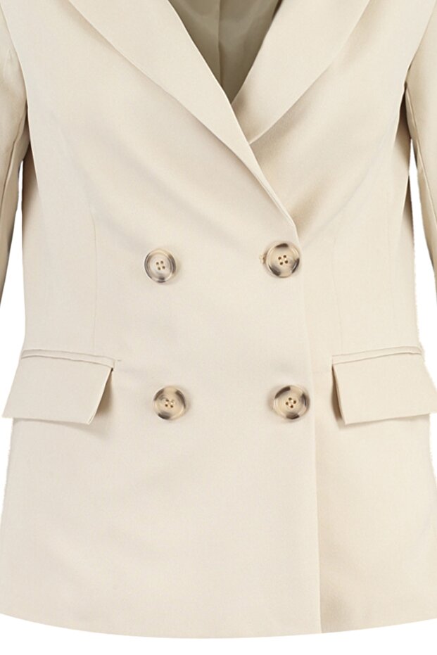 Bej Regular Astarlı Kruvaze Kapama Dokuma Blazer Ceket TWOSS21CE0107 - 13