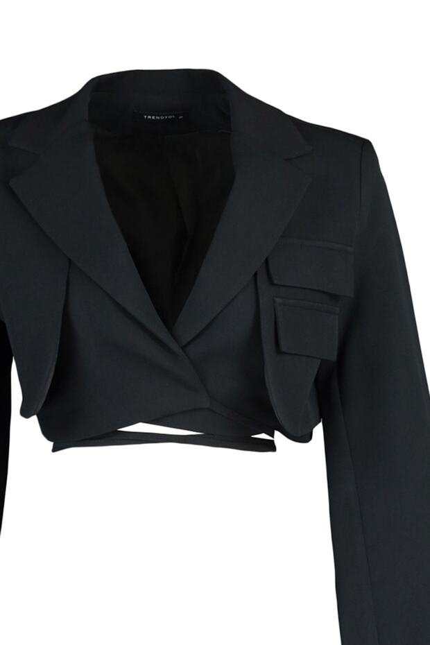 Siyah Crop Astarlı Kruvaze Kapama Dokuma Blazer Ceket TWOAW23BC00076 - 4